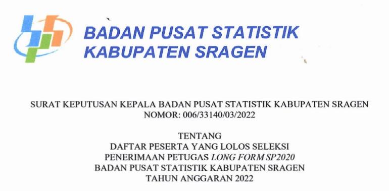 Pengumuman Hasil seleksi rekrutmen petugas Long Form SP2020